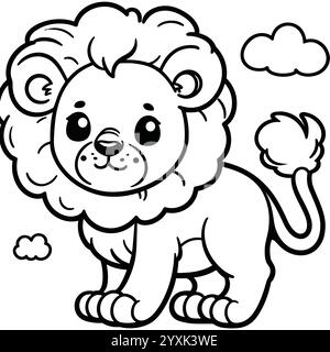 Lion vector illustration. Black and white outline Lion coloring book or page for children Stock Vector