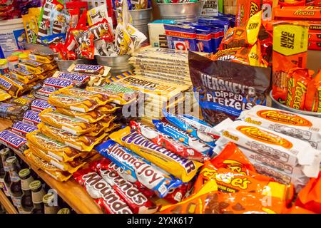 Los Angeles, California, United States - 03-29-2019: A view of several varieties of chocolate bars on a shelf, seen at a local retail store. Stock Photo