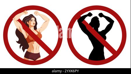 Vector set of forbidden signs with women bodybuilder in retro style and black silhouette. Collection of prohibited banners with muscular women. Bodybu Stock Vector