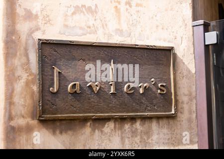 Irvine, California, United States - 03-29-2019: A view of a store front sign for Javier's Restaurant. Stock Photo