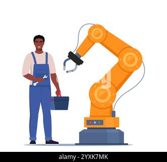 Robotic arm. Industrial tool mechanical robot arm machine hydraulic equipment. Black man repairing automated machine hand. Mechanic in uniform with to Stock Vector