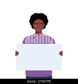 Black Woman holding blank protesting placard. Person with empty banner. Banner, manifesting activists demonstrating sign. Street demonstration concept Stock Vector