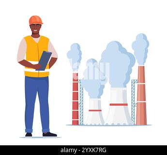 Engineer in orange vest and protective helmet. Factory plant with smoking towers and pipes. Management worker black man. Vector illustration Stock Vector
