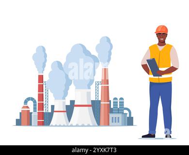 Engineer in orange vest and protective helmet. Factory plant with smoking towers and pipes. Management worker black man. Vector illustration Stock Vector
