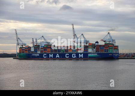 Container ship CMA CGM Sorbonne in the port of Southampton.  The ship was built in 2021 and currently sails under the French flag. Stock Photo