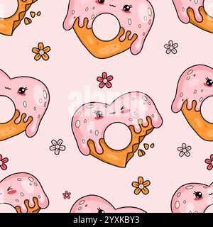 Seamless pattern with cute gingerbread heart with drops of glaze on pink background with flowers. Funny romantic kawaii cartoon character sweet food. Stock Vector