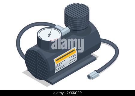 Isometric car air compressor with a pressure gauge and hose. This portable tool is used for inflating tires and maintaining proper air pressure. Tire Stock Vector
