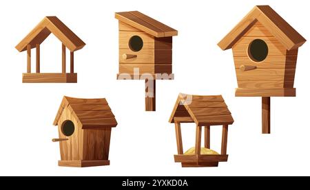 Set wooden bird feeder and bird house with roof, hole and seeds isolated on white background. Hanging construction, bird care. Vector illustration Stock Vector