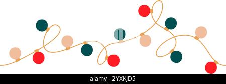 Christmas lights tangled garland circle colored bulbs. Glowing Xmas festive string decoration with hanging retro lamps lightbulb for holiday cards, ba Stock Vector