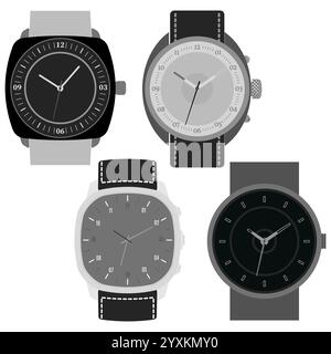 Set of four black and white watches on white background. Clock face with hour, minute and second hands. Vector illustration. Stock Vector
