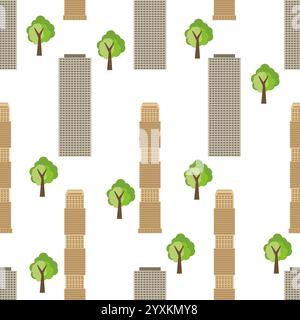 Seamless city background with modern houses and green trees. Vector illustration Stock Vector