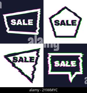 Set of four distorted glitch sale banners with error effect on the edges and in text. Vector illustration. Stock Vector