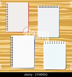 Four notebooks on a wooden table. Vector illustration Stock Vector