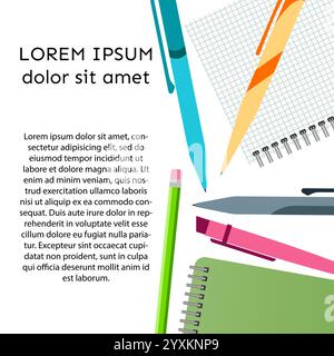 Background with notebook, pens, pencils and place for your text. Vector illustration. Stock Vector