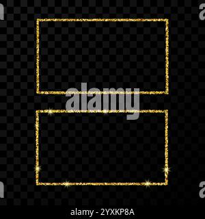 Gold rectangle frame. Two modern shiny frames with light effects isolated on dark transparent background. Vector illustration. Stock Vector