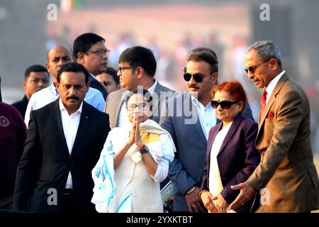 Kolkata, India. 16th Dec, 2024. Chief Minister of West Bengal Mamata Banerjee (C)(White Saree) attends the celebration of the 53rd Vijay Diwas. India's 1971 military triumph over Pakistan is celebrated as Vijay Diwas. With the liberation of Bangladesh, the surrender of Pakistan, and a reaffirmation of India's commitment to justice and compassion, this 13-day conflict came to an end. Credit: SOPA Images Limited/Alamy Live News Stock Photo