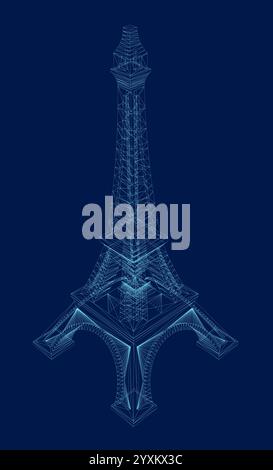 Mini Eiffel Tower wireframe. Isometric view. Eiffel tower isolated on blue background. 3D. Vector illustration Stock Vector