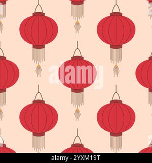 Seamless pattern with traditional red Chinese lantern on a soft beige background. Ideal for festive design, home decor, gift wrap, textile and card. Stock Vector