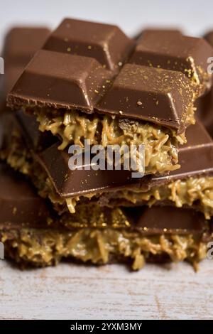 Closeup of Dubai chocolate, eastern premium dessert with Kataif filling and pistachios Stock Photo