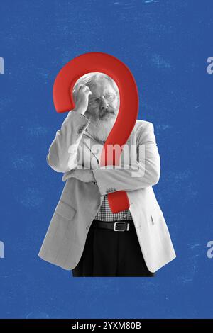Black-and-white portrait of elderly man in formal attire, scratching his head while surrounded by large red question mark. Stock Photo