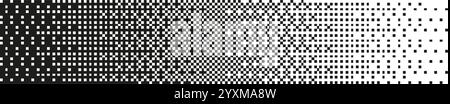 Abstract pixel pattern with fading dots and geometric shapes. Digital mosaic with dissolving squares and halftone texture background. Flat vector illu Stock Vector