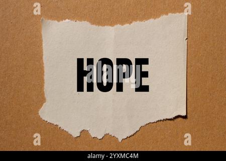 Hope message written on ripped torn paper piece with brown background ...