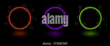 Neon circles set icon. Glowing purple, green, and orange rings, futuristic design, abstract energy, light bubbles, luminescent halo, vibrant glow, sci Stock Vector