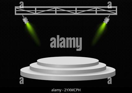 3D circular podium with two dramatic orange spotlights on a dark background, perfect for presentations, showcases, or award ceremonies. Stock Vector