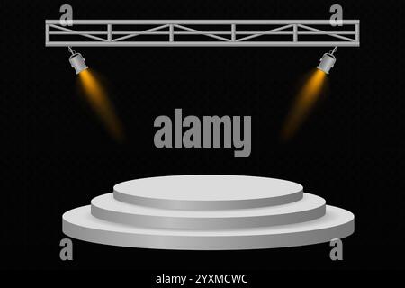 3D circular podium with two dramatic orange spotlights on a dark background, perfect for presentations, showcases, or award ceremonies. Stock Vector