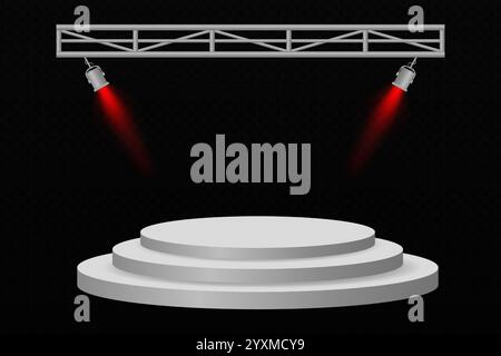 3D circular podium with two dramatic orange spotlights on a dark background, perfect for presentations, showcases, or award ceremonies. Stock Vector