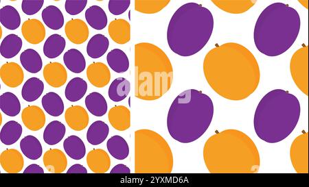 Fresh Plums and Apricots Seamless pattern in trendy summer shades. Healthy food Backgrounds Set 2. Vector illustration Wrapping or web promo backdrop, cards poster, leaflet, banner, greeting, label Stock Vector