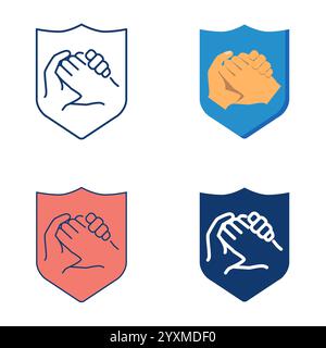 Trust icon set in flat and line style. Partnership, agreement. Two shaking hands in a shield. Vector illustration Stock Vector