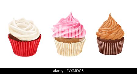 Sweet cupcakes with chocolate, strawberry and vanilla cream in paper cups in a set. Watercolor digital illustration. Delicious pastry, cake and romant Stock Photo