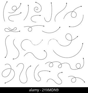 Collection of line arrows. Set simple curved hand drawn arrows. Collection of pointers. Stock Vector