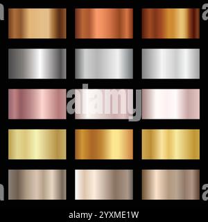 Gold rose, silver, bronze, copper and golden foil texture gradation background set. Stock Vector