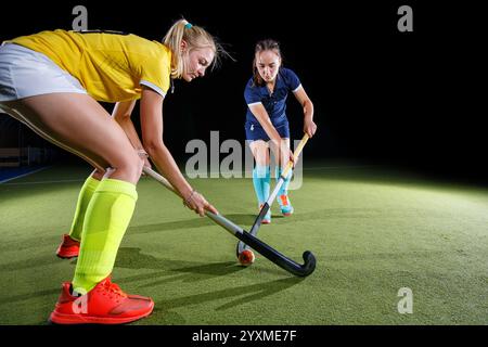 Two players engage in hockey practice during evening training session Stock Photo