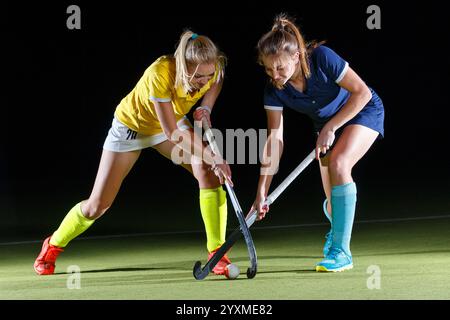 Two female athletes engage in a heated hockey competition under bright lights, showcasing their skills and determination on the field. The atmosphere Stock Photo