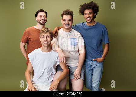 Four individuals express their unique styles and joy together, showcasing vibrant queer culture. Stock Photo