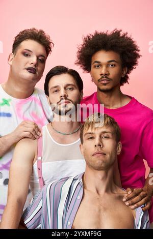 Four individuals express their vibrant queer identity through fashion and camaraderie. Stock Photo