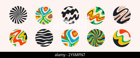 round shape stickers with funny groovy patterns. Colorful abstract circles with trendy retro style wave, chess, swirl, rainbow. Ideal for social media Stock Vector