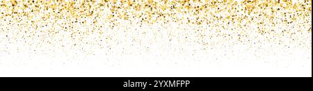 Golden glitter background with falling confetti and sparkle dust. Magical border pattern festive frame. Flat vector illustration isolated Stock Vector