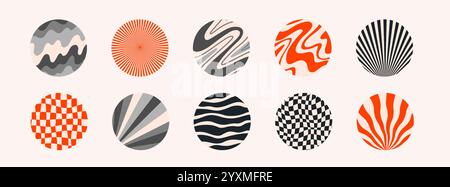 round shape stickers with funny groovy patterns. Colorful abstract circles with trendy retro style wave, chess, swirl, rainbow. Ideal for social media Stock Vector
