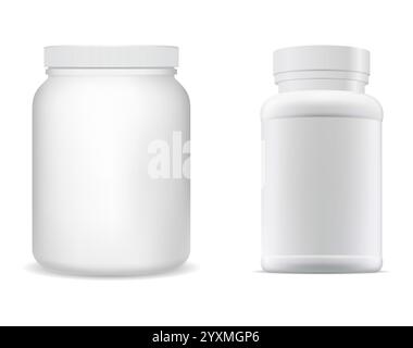 Medical pill bottle white plastic sport supplement jar vector mockup. Pharmacy drug can illustration, realistic medicament remedy pack. Vitamin capsul Stock Vector