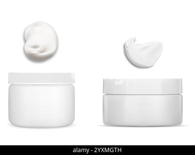 Cosmetic cream jar with cream stroke vector mockup. White plastic makeup product package realistic template illustration with face care scrub texture. Stock Vector
