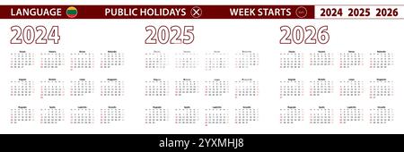 2024, 2025, 2026 year vector calendar in Lithuanian language, week starts on Sunday. Vector calendar. Stock Vector