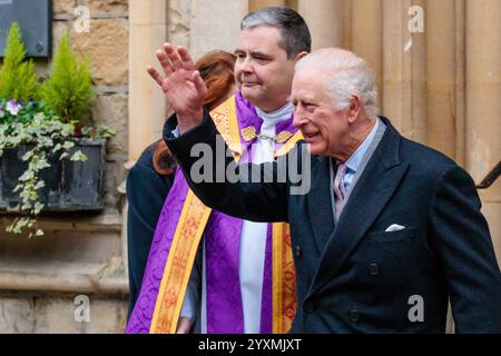 Mayfair, London, UK. 17th December 2024. His Majesty King Charles III leaving the The Catholic Church of the Immaculate Conception after attending an Advent Service, celebrating the strength and courage of faith communities. Credit: Amanda Rose/Alamy Live News Stock Photo