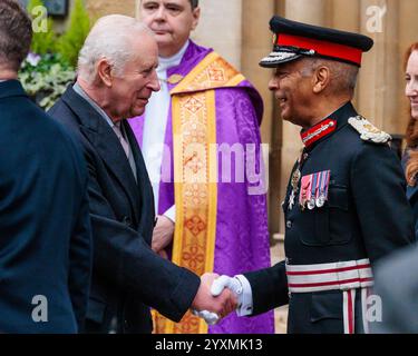 Mayfair, London, UK. 17th December 2024. His Majesty King Charles III leaving the The Catholic Church of the Immaculate Conception after attending an Advent Service, celebrating the strength and courage of faith communities. Credit: Amanda Rose/Alamy Live News Stock Photo