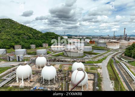 Industrial gas storage tank. LNG or liquefied natural gas storage tank. Gas tank in petroleum refinery. Natural gas storage industry. Energy Stock Photo