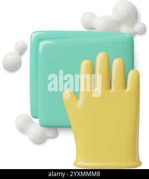 Cleanup 3d vector icon with a hand in a yellow glove and a napkin with soap. Window washing or sanitizing surface concept minimal illustration isolate Stock Vector