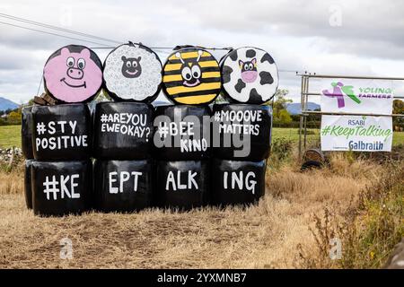 farm-themed hay bale art display to raise awareness of mental health issues. RSABI and Galbraith. #keep talking Stock Photo